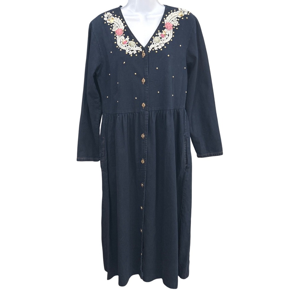 90s Made USA Denim Dress Embroidered Floral Pearl Beads Button Front Cottagecore